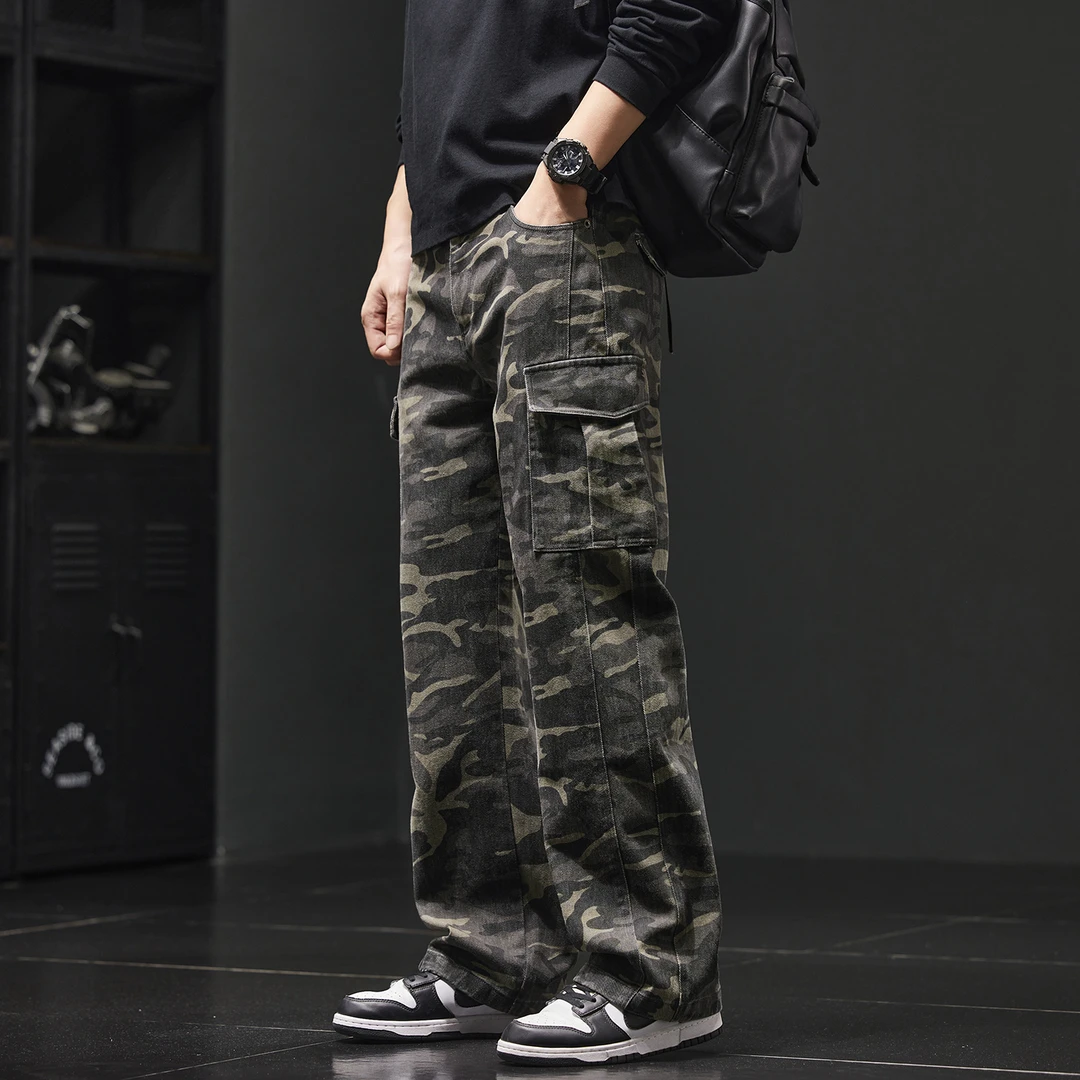 JJ美式复古迷彩工装裤男款秋款宽松显瘦直筒多口袋阔腿纯棉休闲裤