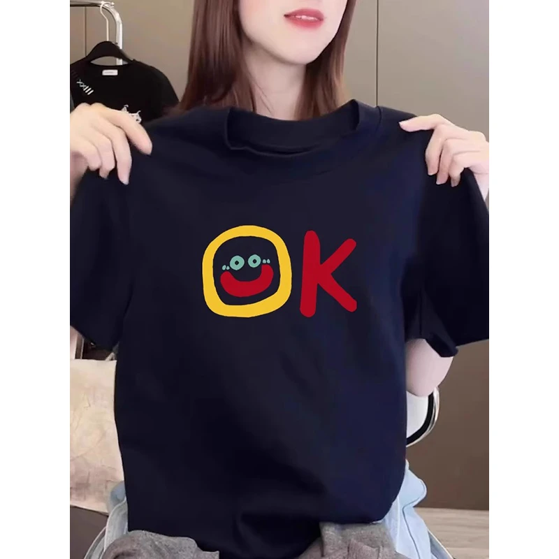 2025年夏季新款修身显瘦笑脸印花短袖T恤女打底衫复古百搭上衣ins