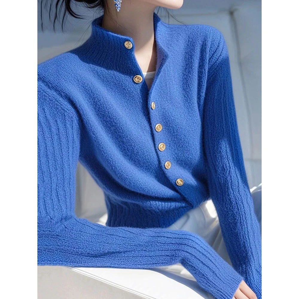 韩系简约纯色长袖针织开衫秋冬柔软亲肤小众别致打底衫上衣女