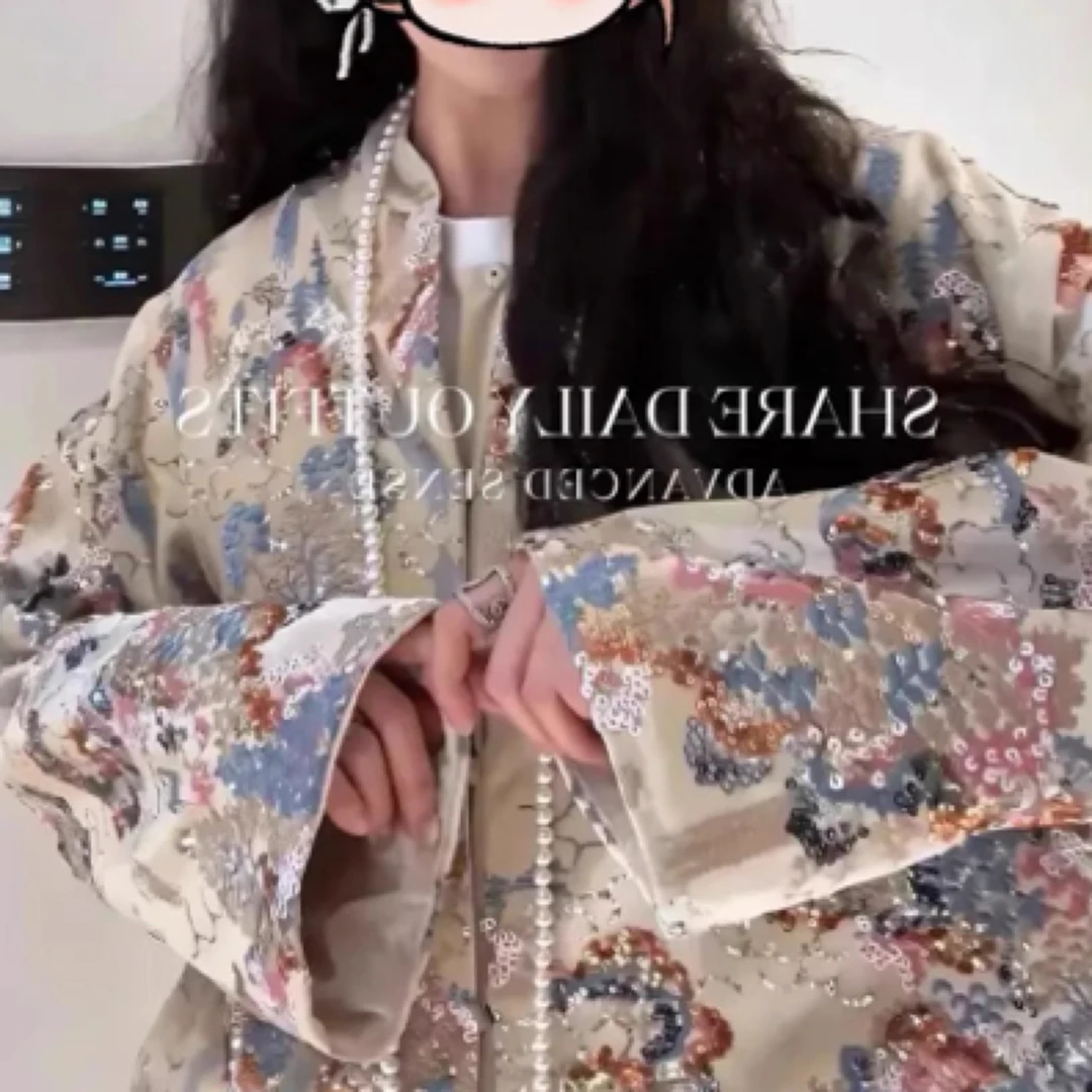 2025新款【千里江山图】杏色重工钉珠刺绣外套