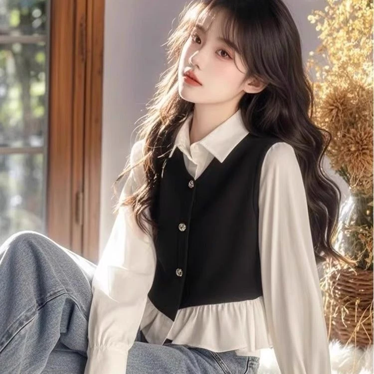 超好看撞色拼接假两件衬衫女2025春季新款设计感甜美减龄洋气衬衣