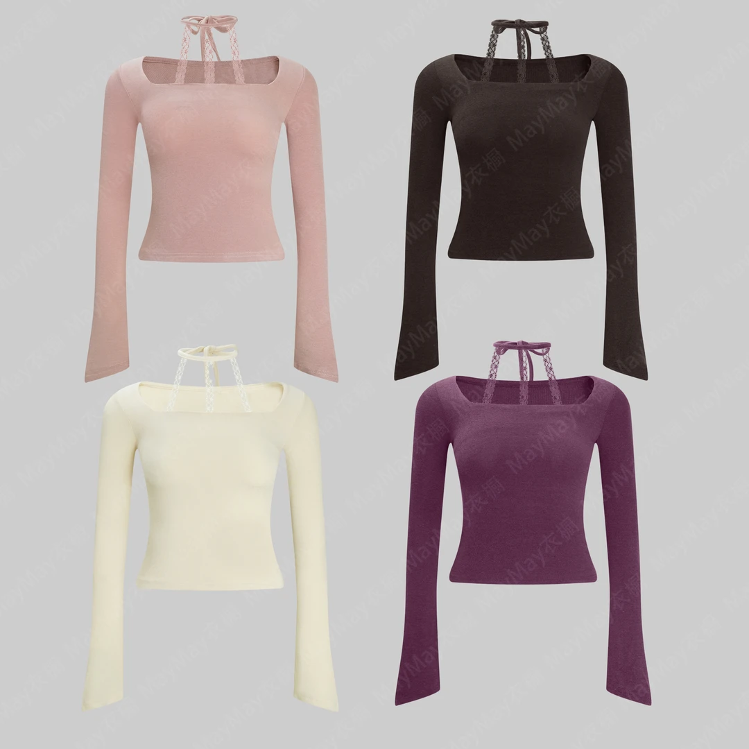 纯欲风辣妹挂脖锁骨蕾丝打底衫设计感长袖T恤女修身内搭上衣女