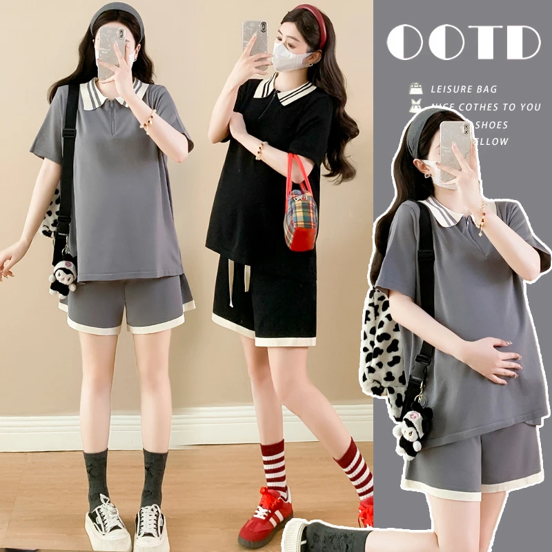 孕妇装夏装套装2025新款翻领休闲大码宽松减龄上衣夏季外穿两件套