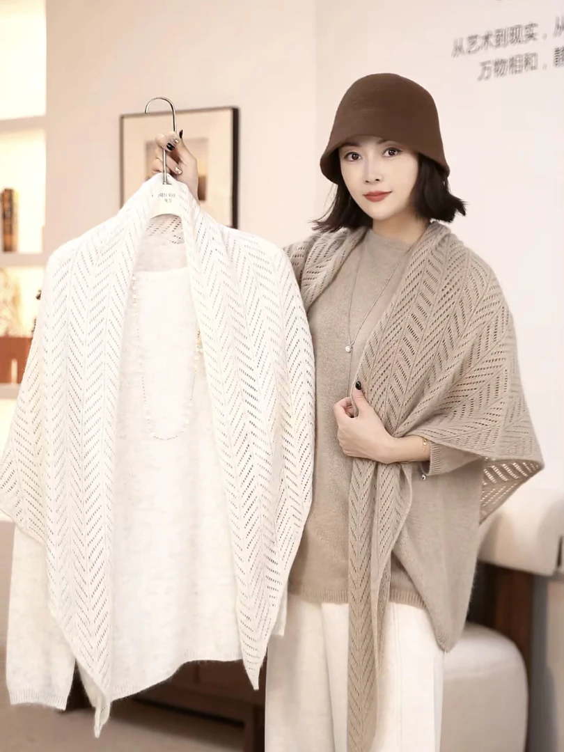 LULU【海盐白沙】羊毛秋冬针织宽松型长袖松弛感套头披肩套装