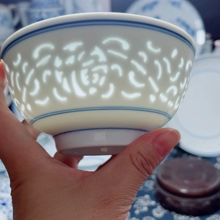 青花玲珑5寸饭碗满雕双福双线