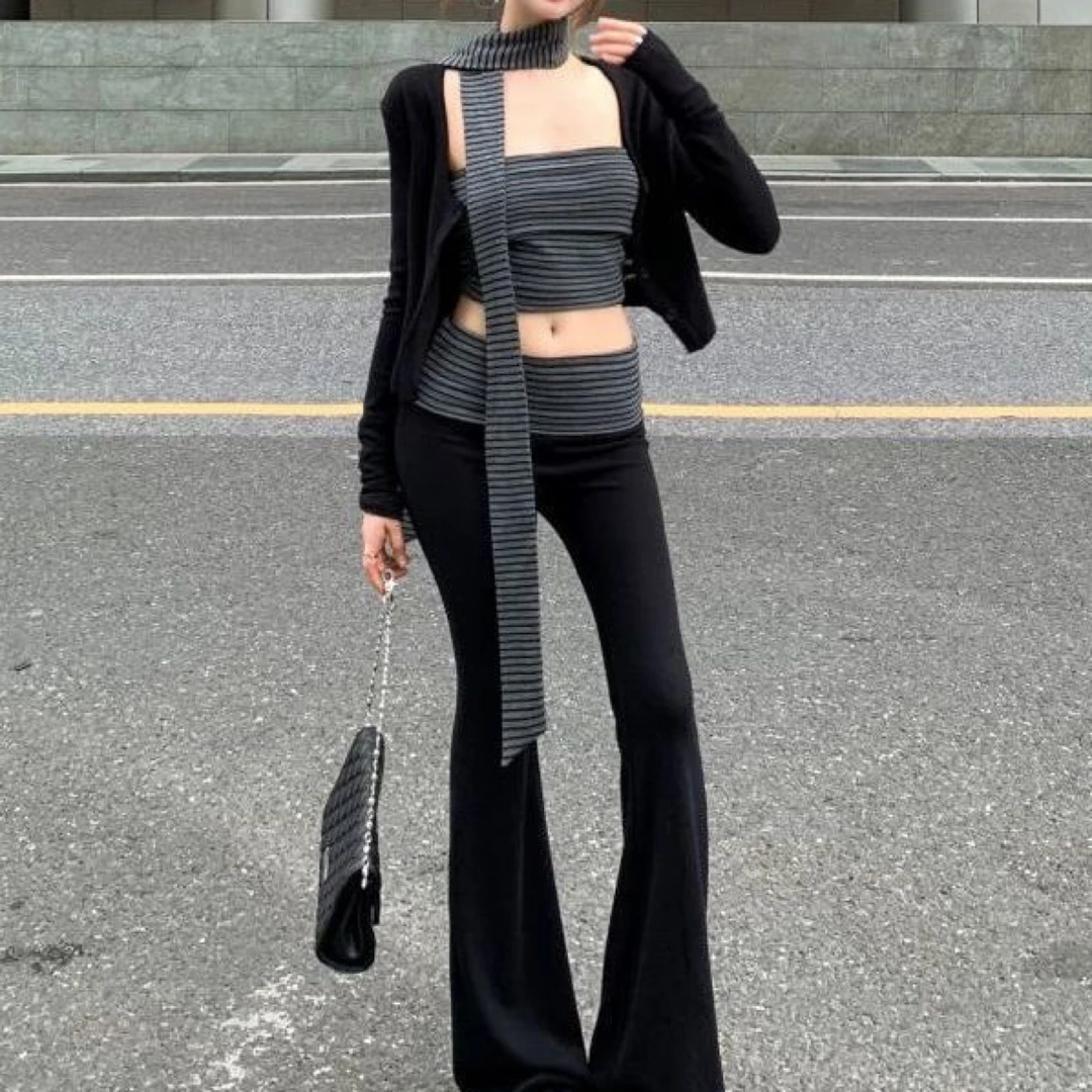 美式辣妹风条纹抹胸背心短款黑色开衫女秋季显瘦微喇休闲裤三件套