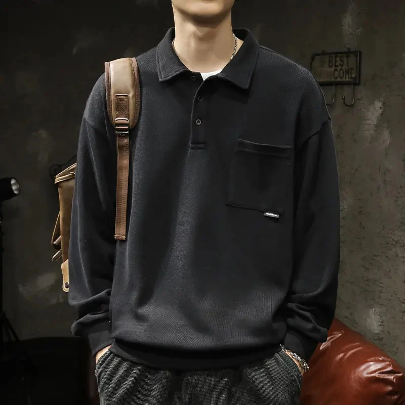 美式polo衫长袖男士卫衣新款休闲宽松秋季男装纯色爆款上衣外套