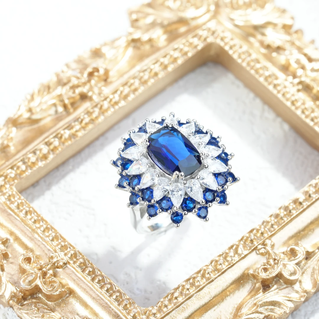 铜合金合成锆石戒指 铜合金 合成立方氧化锆 蓝色戒指7117-3