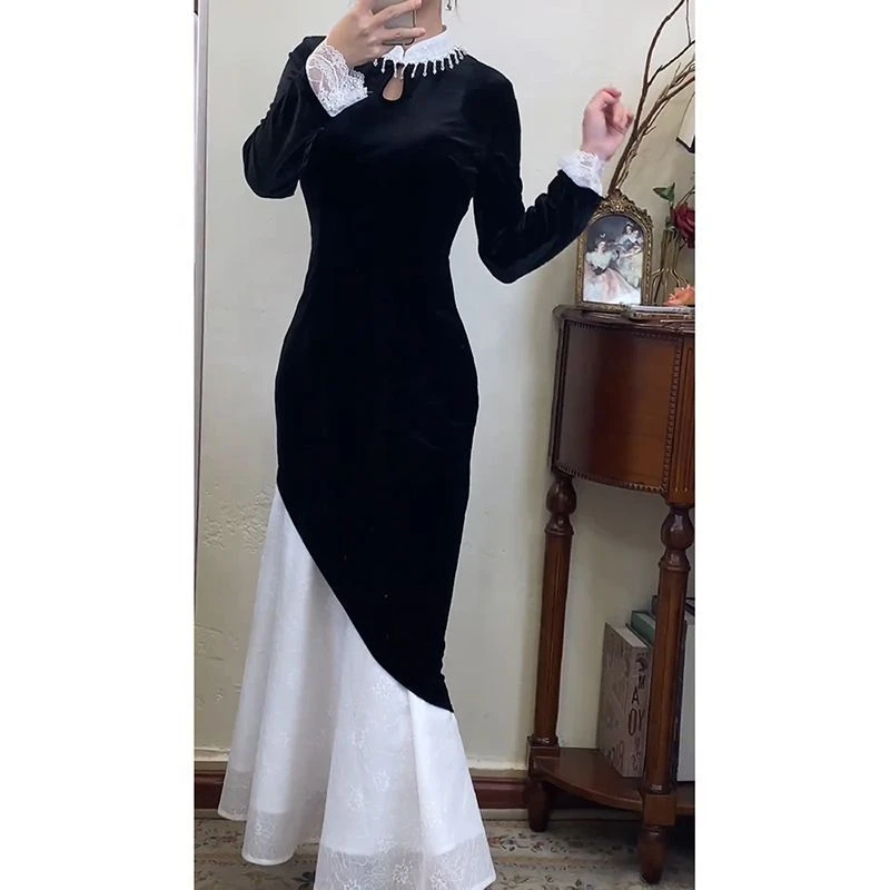 气质高级感拼接显瘦长裙2024冬季新款新中式国风改良旗袍连衣裙女