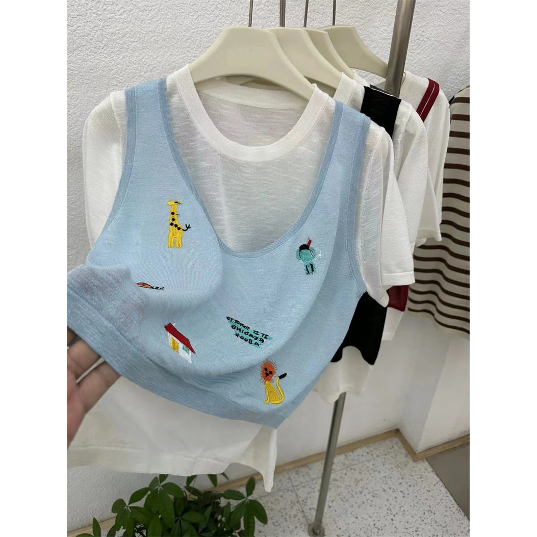 5563#夏季新款大码【假两件】针织毛衣夏款洋气减龄叠穿坎肩上衣