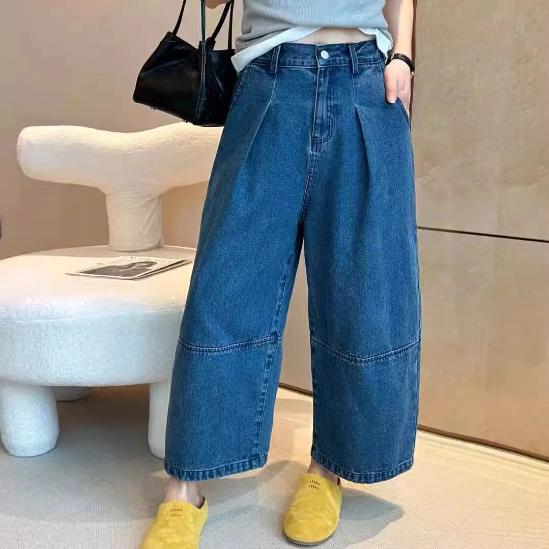 同款欧洲站2025春装新款欧货高腰压褶直筒九分牛仔裤女春秋复古阔