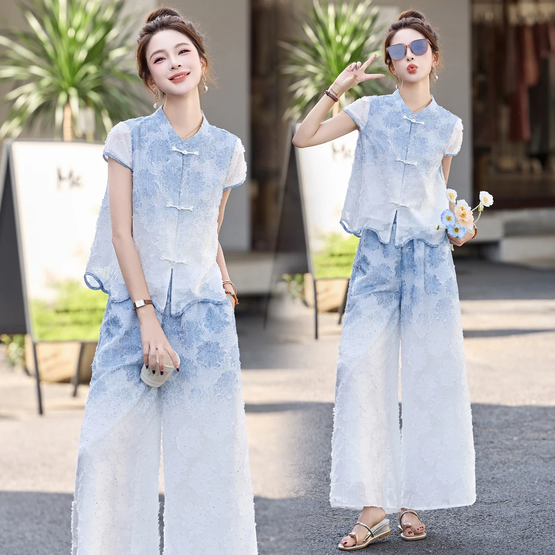新中式国风复古盘扣套装女2025夏季新款渐变色高腰阔腿裙裤两件套