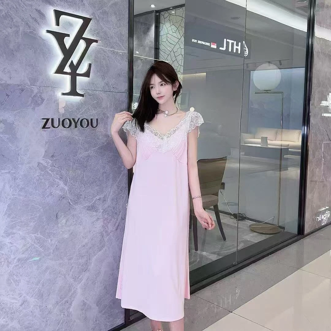 胖胖家*0523新款蕾丝边带胸垫百搭显瘦长裤两穿睡裙