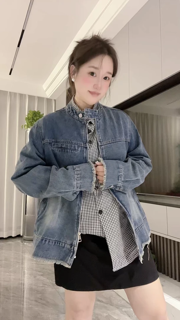 「小吴家」美式做旧牛仔长袖外套春款宽松显瘦别致外搭开衫上衣