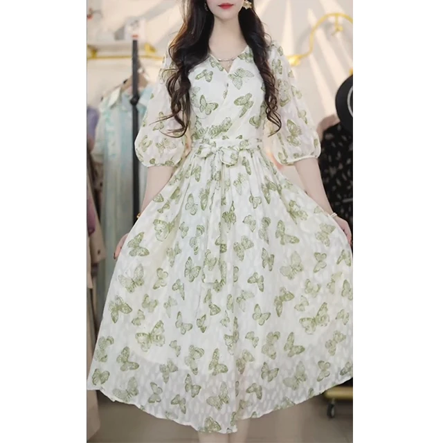 L7252夏季新碎花裙长款法式v领长裙高档印花收腰显瘦短袖连衣裙