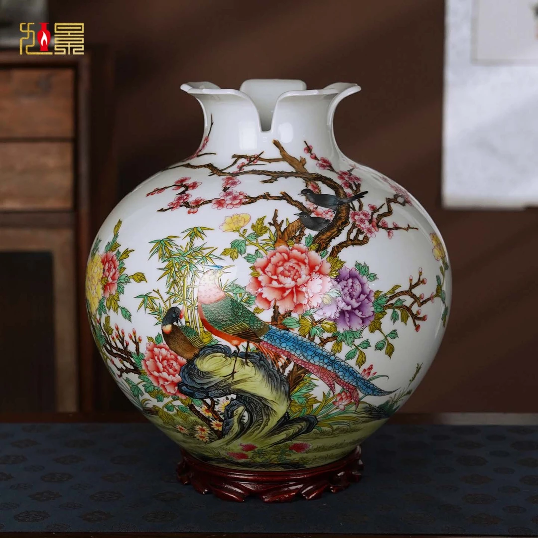 景德镇陶瓷花瓶手绘石榴瓶中式客厅玄关装饰摆件乔迁新居高档礼品