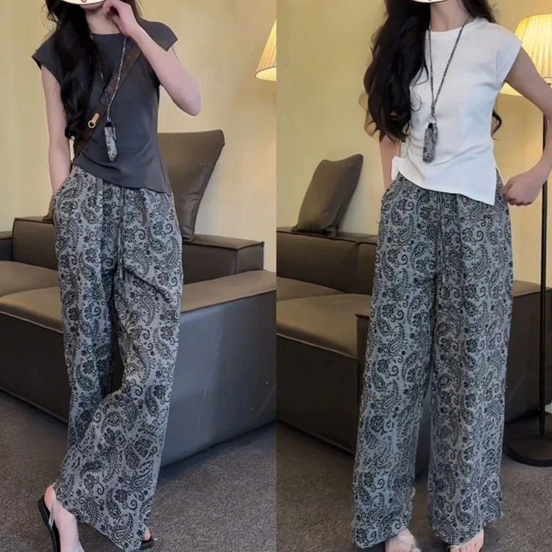 韩版时尚百搭气质短袖T恤两件套女2025夏季独特高腰小众裤子套装