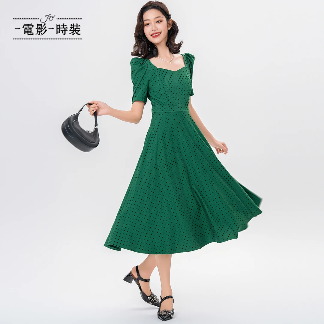 【小杨总专属】一电影一时装绿色波点长款连衣裙植绒裙FFEL811103