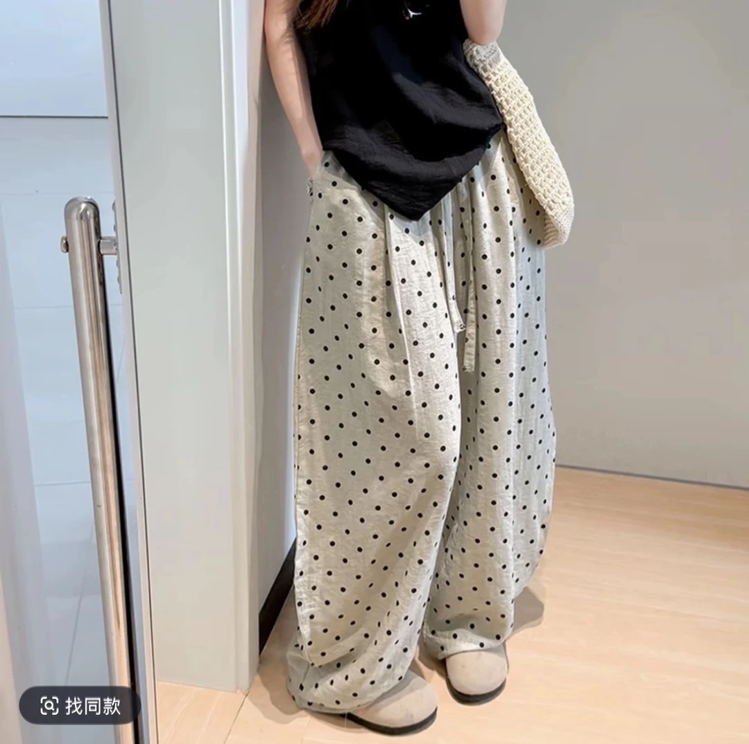 【重工亚麻】波点印花松紧腰薄款棉麻休闲裤夏季松弛感阔腿裤弯刀裤