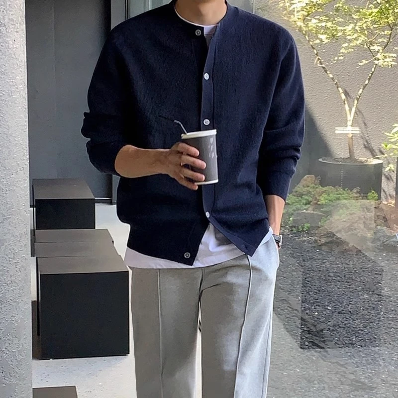 2025春新款针织开衫长袖T恤男士韩版潮流高级感毛衣宽松休闲外套