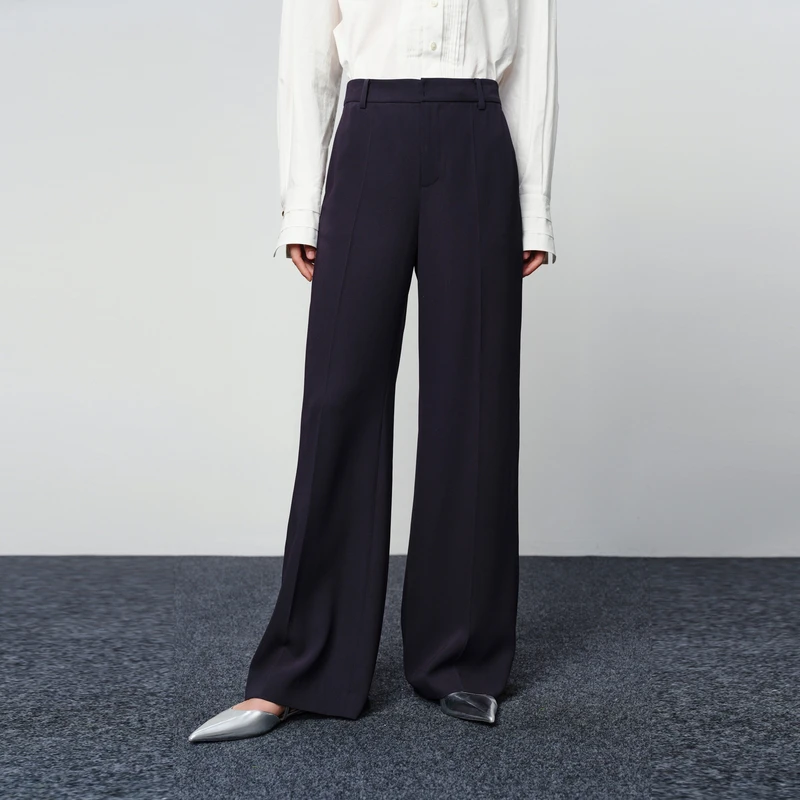 EP雅莹2025新款女装 藏青色显腿长通勤斜纹醋酸微喇裤6401A