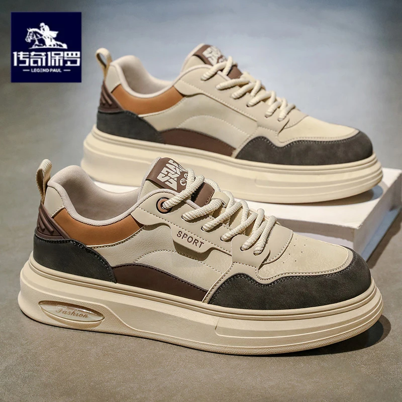 传奇保罗正版男鞋冬季厚底低帮运动板鞋男士皮面防水小众休闲潮鞋