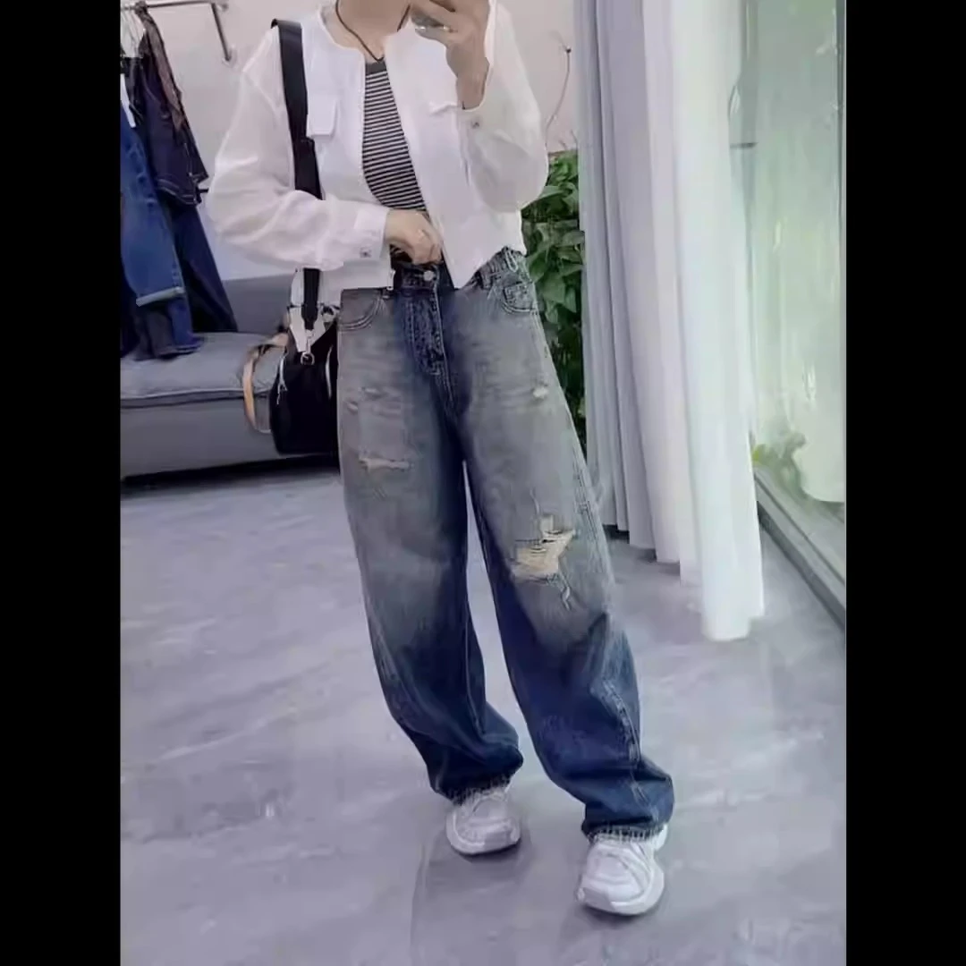 渐变色磨破直筒长裤2025年秋新款微胖高腰显瘦减龄百搭蓝色牛仔裤