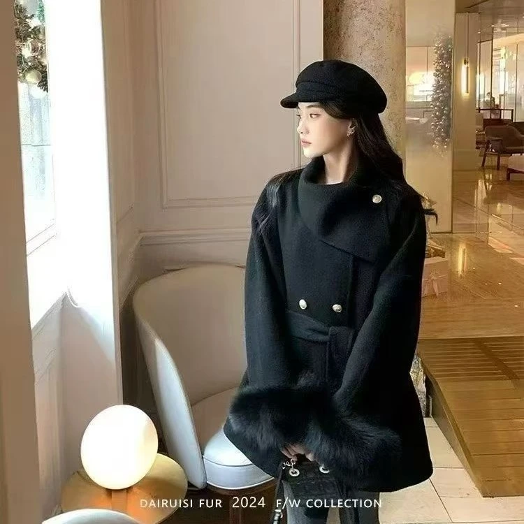 月光晚宴富家千金皮袖口可拆卸狐狸毛小个子羊毛外套