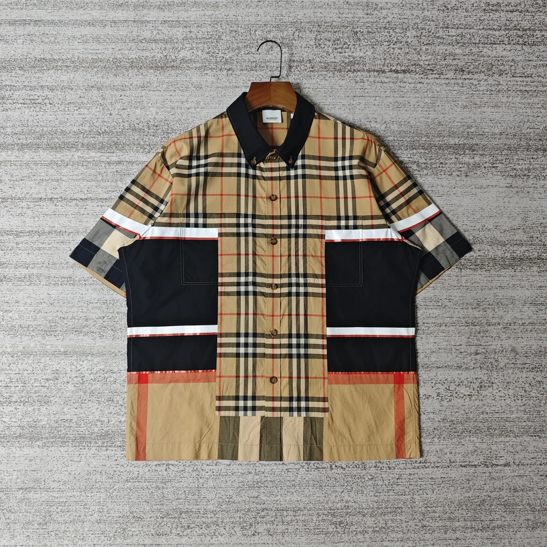 99新 BURBERRY/博柏利 FW22格纹翻领单排扣短袖衬衫/M码＃1508