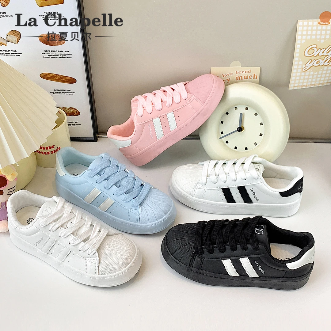 拉夏贝尔透气厚底板鞋2025春秋季新款贝壳头休闲百搭多巴胺小白鞋