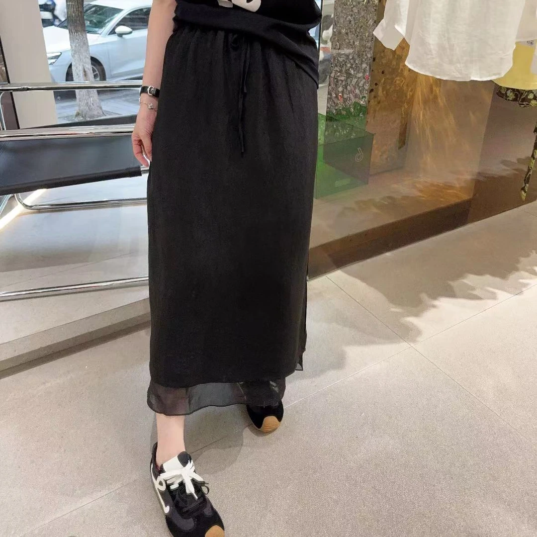 春苗女装   欧醋酸下摆拼纱长裙     时尚气质显瘦长款半身裙