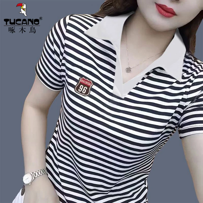 啄木鸟~条纹翻领短袖t恤女夏季2025新款时尚妈妈纯棉polo衫上衣服