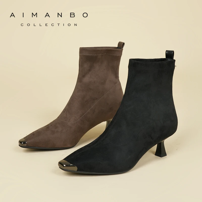 漫步佳人2025冬季新品气质金属时装靴细高跟弹力瘦瘦靴舒适女袜靴