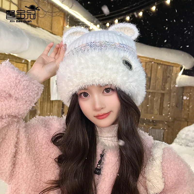 冬季加绒保暖套头帽子女毛绒小熊显脸小针织帽户外防寒护耳毛线帽