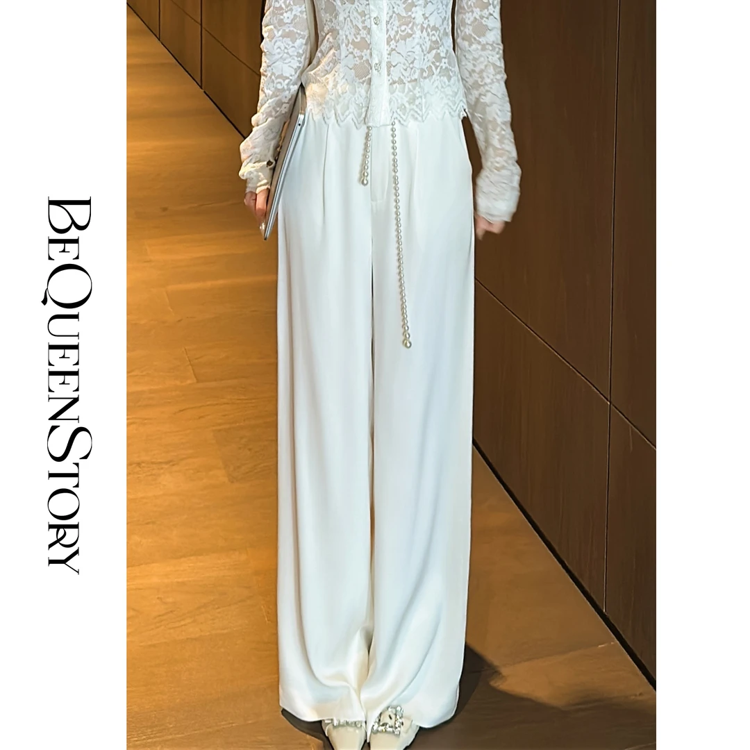 余潇潇【珍珠米兰达】高级感纯色蕾丝珍珠链条醋酸中腰宽松直筒裤