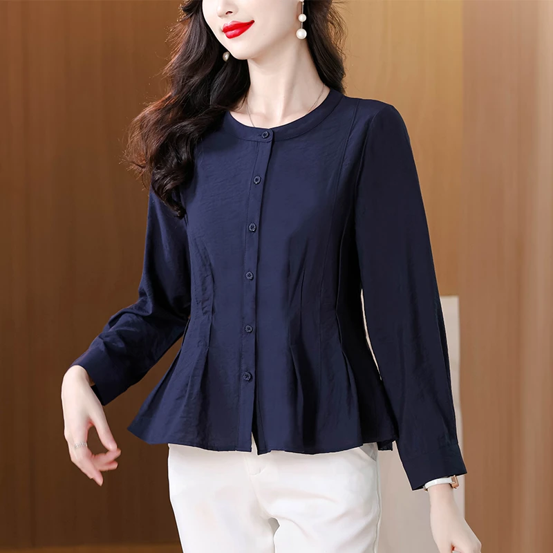 2025春季新款女收腰裙摆小衫遮肚子圆领长袖衬衫女设计感小众上衣