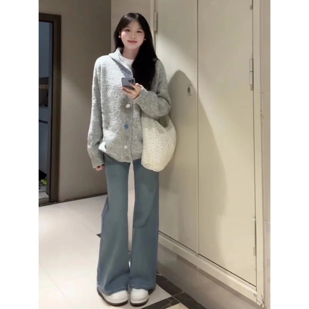 韩系穿搭一整套灰色连帽毛衣开衫外套女秋冬加厚针织衫牛仔裤套装