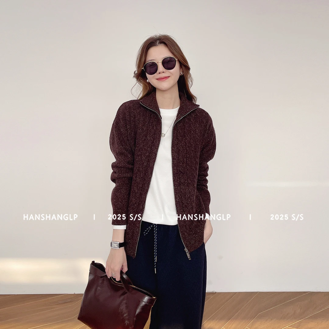 韩裳良品 花纱羊毛纽花高领羊绒双头拉链毛针织衫暖冬新款女外套