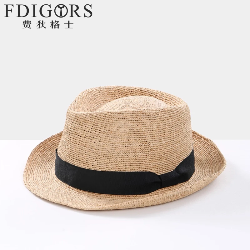 FDIGORS拉菲草草帽男款夏季高端小沿卷边爵士帽英伦复古草编礼帽