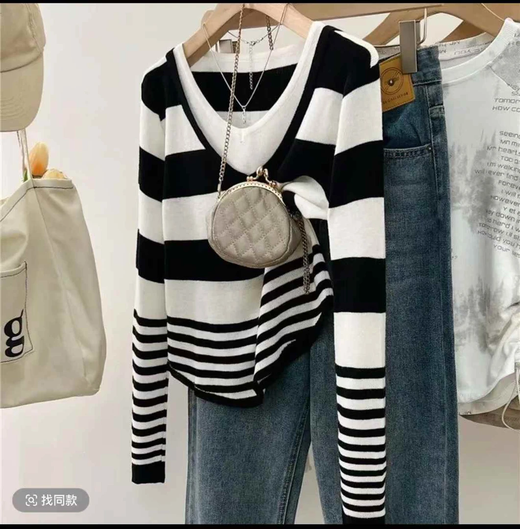 设计感假两件条纹v领长袖毛针织衫打底春季新款显瘦百搭上衣#2503