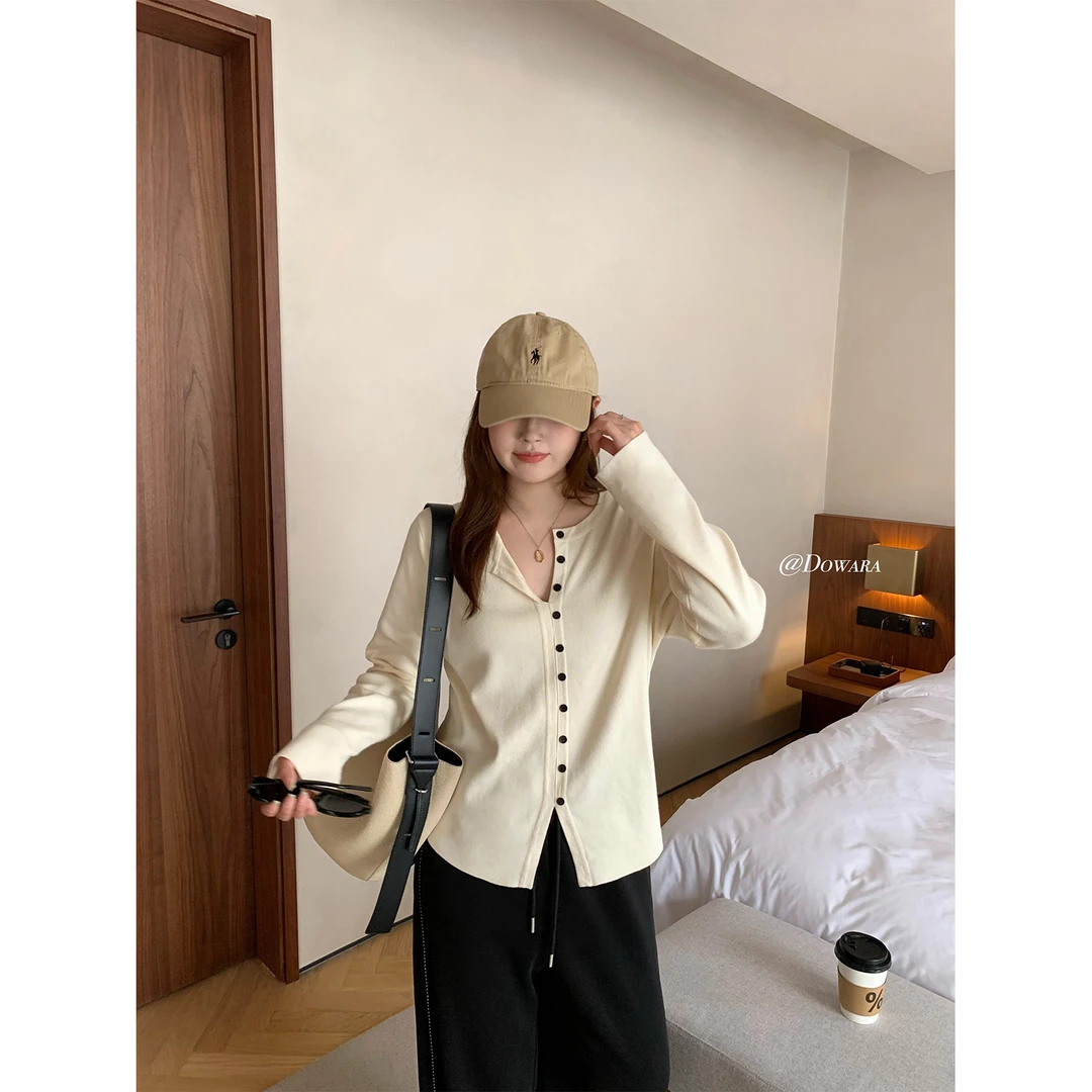 现货大婉酱微胖定制复古海盐毛针织衫春季韩版假门襟薄上衣 6734D