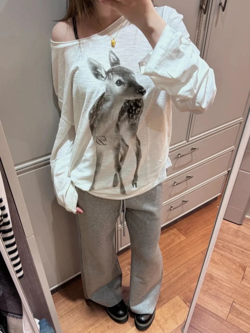 欧美式长袖防晒小鹿乱撞印花罩衫t恤女百搭春夏新款潮牌时尚上衣