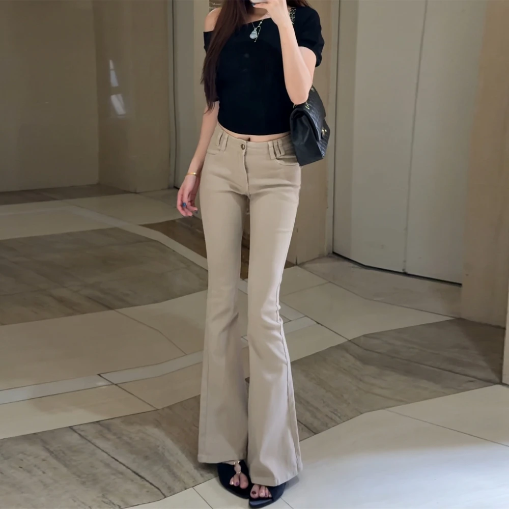 美式复古卡其色微喇牛仔裤女2025年秋季新款高腰显瘦马蹄喇叭裤子