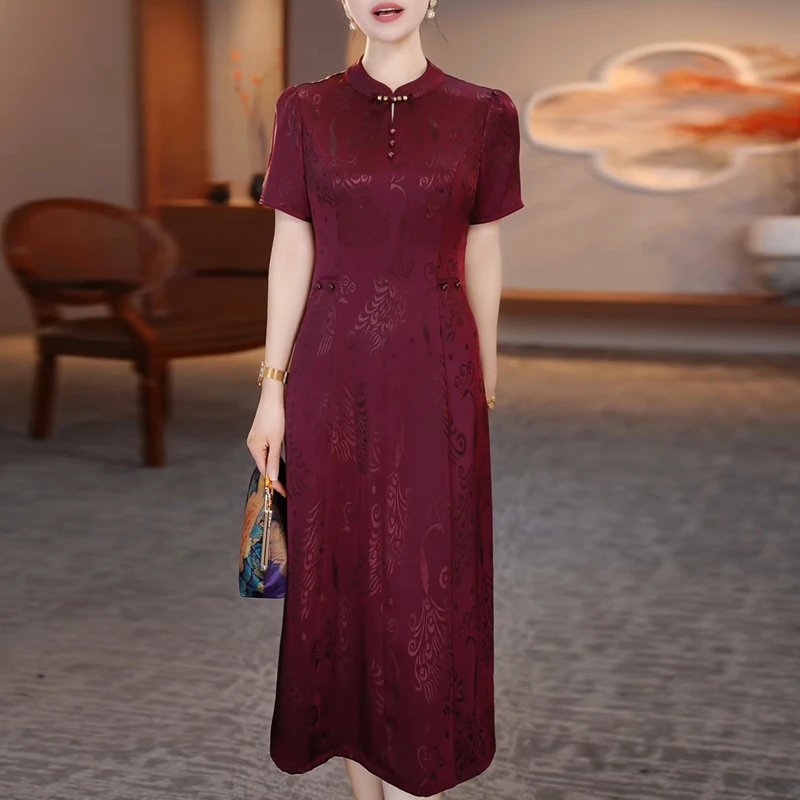 中老年气质改良旗袍桑丝缎连衣裙女2025夏装新款时尚大码提花裙子