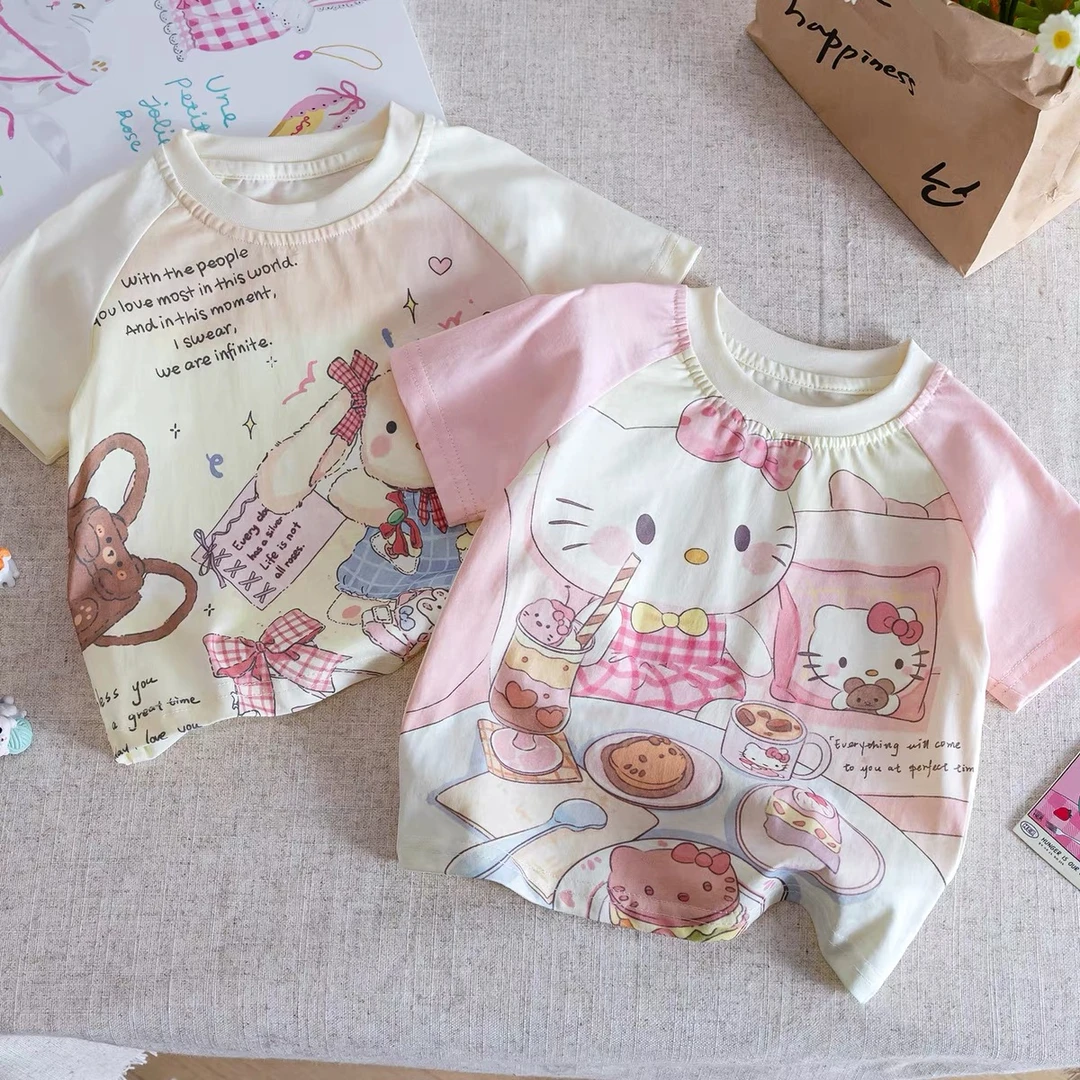 女童短袖T恤夏季新款可爱甜美卡通印花半袖衣服宝宝洋气撞色上衣