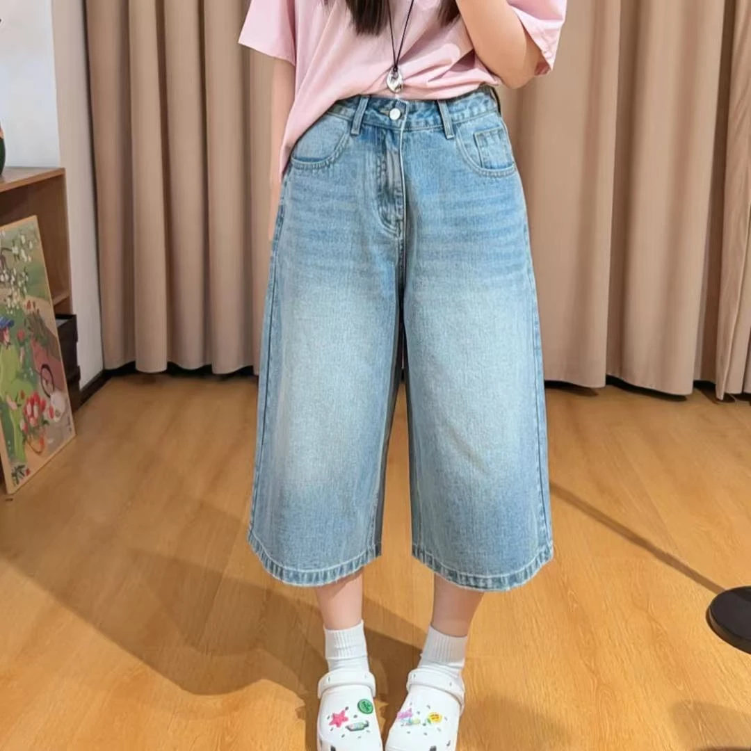 13501余小鱼【自留好裤】浅蓝色高腰百搭宽松阔腿八分牛仔中裤女装