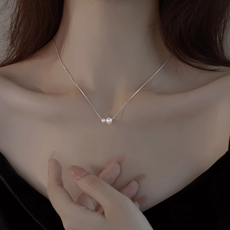 链子925银仿珍珠 925银双珠项链女2025时尚锁骨链毛衣链坠链颈链