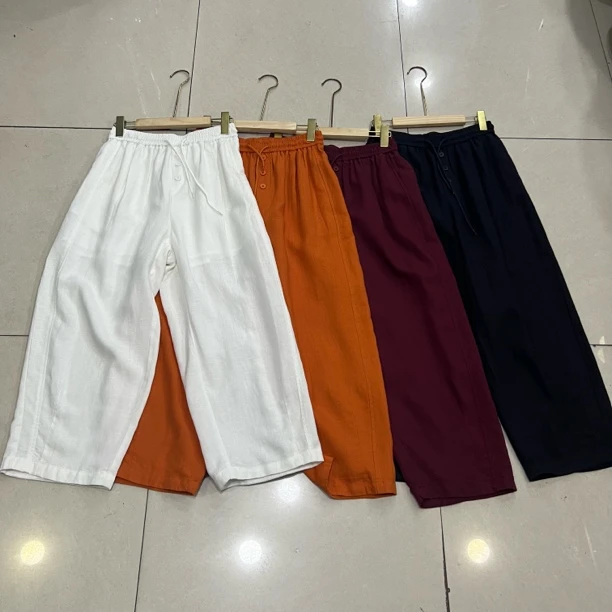 水木工芳2025新款百搭显瘦松紧腰亚麻直筒气球裤女9056薄款