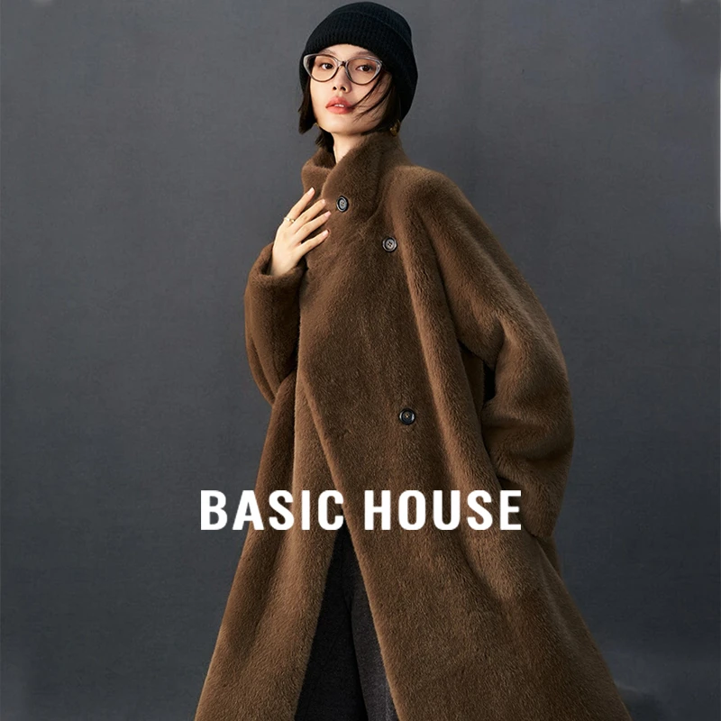 人造皮草 Basic House/百家好咖色毛外套女秋季长款环保皮草大衣