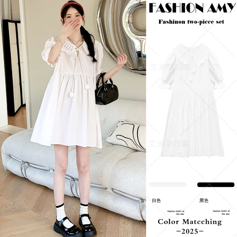 孕妇连衣裙夏季新款时尚韩版洋气减龄娃娃领系带毛球宽松显瘦裙子